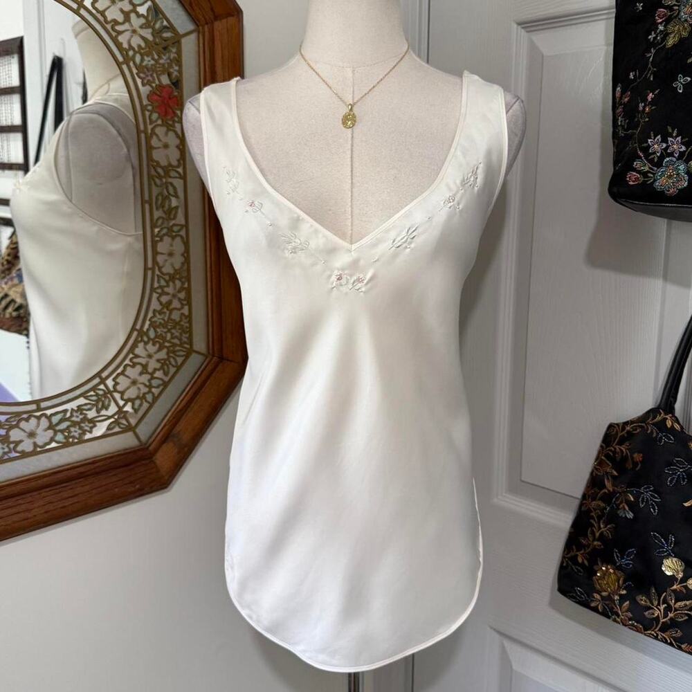 VTG 80s Victoria's Secret Ivory Satin Pink & Green Floral Embroidered Tank Top